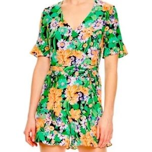 Sandro Paris Eudelin Silk Green Floral Ruffle Hem Romper